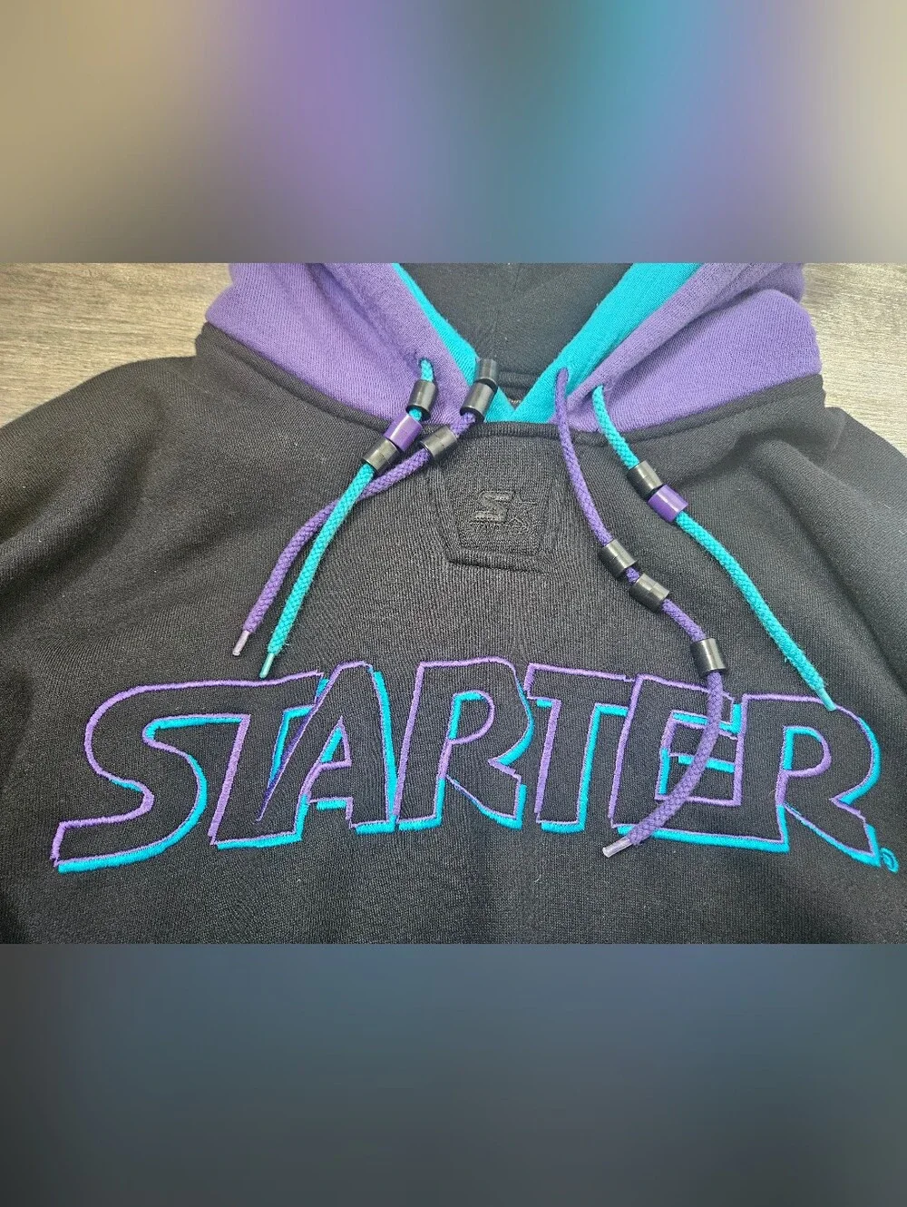 Rare Vintage 80s 90s Starter Color Block Hoodie Black Teal & Purple Size Medium